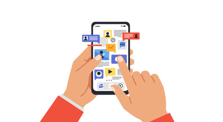 Poster - Smartphone interaction with messaging and social media icons in flat s