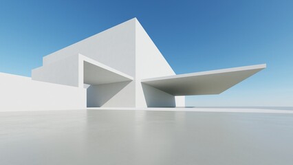 Poster - 3d illustration of abstract modern architecture background, Minimal geometry architectural design, Car presentation backdrop with empty concrete floor, Geometric white blocks building design
