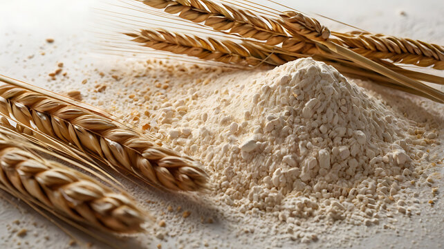 Image is a high-resolution, studio-style photograph with a clean, white background. It features a pile of fine, white flour prominently placed in the center.