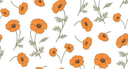 Poster - Seamless pattern of orange poppies with green leaves on white backgrou