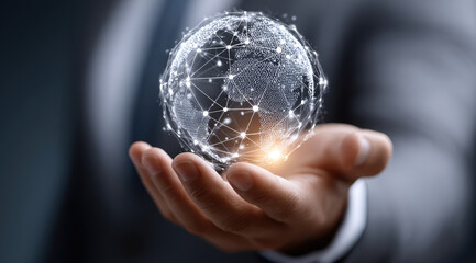 Poster - Hand holds glowing digital globe, symbolizing global connectivity and technology. network of lines and nodes represents data exchange