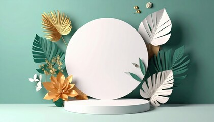 Poster - Creative floral display with circular stand artistic studio digital art minimalist environment front view nature and design concept