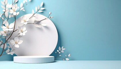 Poster - Delicate floral arrangement on minimalist display stand studio setting still life photography bright color palette aesthetic presentation