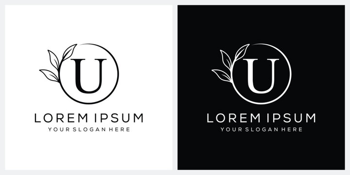 Initial letter u serif font logo design, cosmetics fashion and beauty graphic vector, leaves icon concept
