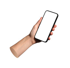 Phone held upright with empty screen. Useful mockup for mobile layout testing. Isolated on white