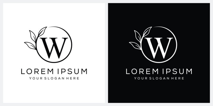 Initial letter w serif font logo design, cosmetics fashion and beauty graphic vector, leaves icon concept
