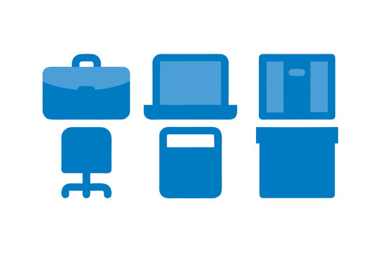 Blue Office Icon Set Depicting Work Essentials Including Briefcase Laptop Desk Chair and Filing Cabinet in a Clean Modern Style