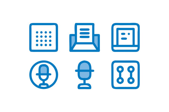 Set of Blue Doodle Style Icons Representing Various Technology and Communication Concepts on a White Background for Creative Projects and Designs