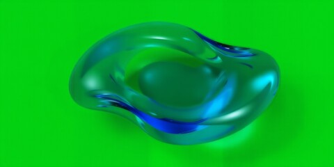 Poster - Smooth fluid translucent glass object with green and blue highlights on a textured bright green background