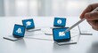 © Tri - E-learning and online education concept with a person navigating a network of laptops for virtual training and digital knowledge access.