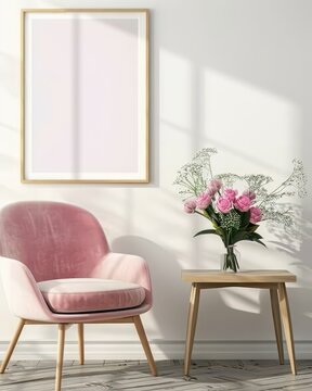 A pink velvet armchair sits next to a wooden side table with a vase of pink flowers in front of a blank picture frame against a white wall with sunlight streaming in from a window