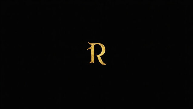 A golden letter r with an ornate design against a black background