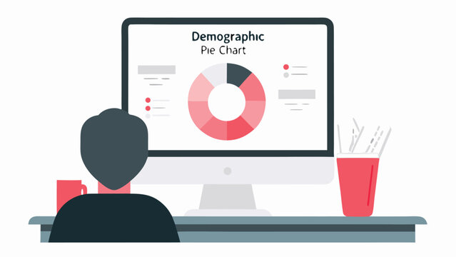 Person looking at demographic pie chart on computer screen at desk with mug and pen holder image