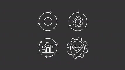 Poster - Business processes animation set. Workflow animated white line icons. Production standard. Research, analysis. Cycle diagrams. Isolated elements on dark background. Alpha channel HD video