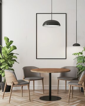 A minimalistic dining area with a round wooden table. four chairs. and two hanging lights The walls are white and the floor is made of wood planks There are two plants in the corner of the room