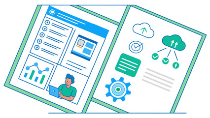 Poster - Digital dashboard with analytics charts cloud computing icons and a person working on a laptop representing business strategy and data analysis