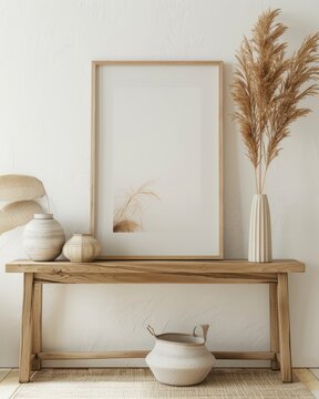 A wooden bench with a framed print. dried pampas grass. and pottery on a white wall