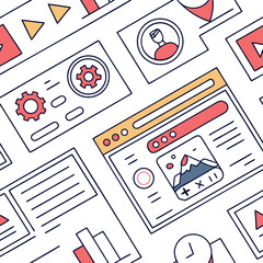Poster - A flat design illustration showcasing a seamless pattern of user interface elements and website components in a modern colorful and abstract style