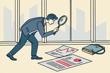 Poster - Business professional examining charts and reports with magnifying glass in modern office environment during working hours