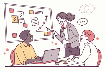 Poster - Team collaboration in a brainstorming session with a presentation on growth strategy and project planning in a modern office setting