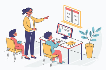 Poster - Engaging classroom activity with a teacher pointing at a digital screen while students interact during an educational session