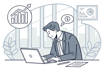 Poster - Business professional analyzes financial data on laptop in modern office setting while contemplating economic growth and investments