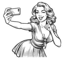 Wall Mural - playful woman taking a selfie with a smartphone, winking and smiling confidently sketch engraving ge
