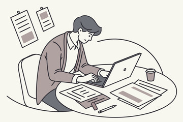 Poster - Focused individual working on a laptop at a desk with documents and a coffee cup in a modern office environment during the day