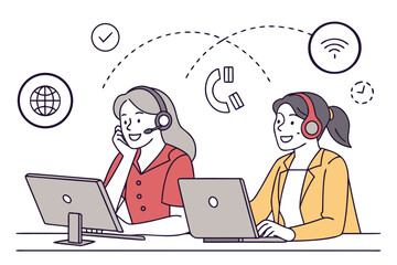 Poster - Two women engaged in a collaborative remote work environment with technology and communication tools