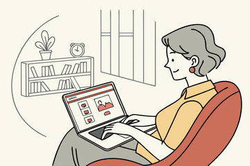 Poster - Woman working on a laptop in a cozy living room while engaging in a virtual meeting with colleagues during the afternoon
