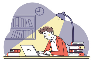 Poster - Person working late at night in a cozy study with a laptop, surrounded by books and warm lighting illuminating the workspace