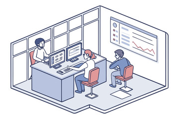 Poster - Meeting in a modern office with three professionals discussing data analysis while seated at a large table with computers