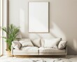 © SUUGOIisME - Minimalist living room interior with a white sofa. a plant. and a blank frame on the wall