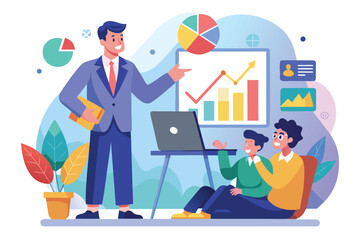 Poster - Business presentation showcases data analysis and teamwork in a modern office environment during daytime with colorful visuals and charts