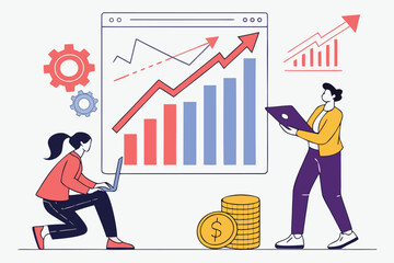 Poster - Business professionals analyzing financial growth and market trends with graphs and charts at a modern office environment