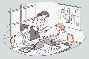 Poster - Collaboration occurs in a modern office setting where three professionals engage in discussion while using laptops and a tablet during a productive work session