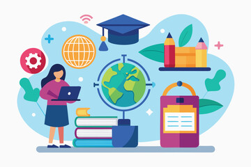 Poster - Educational exploration with a student using technology, surrounded by learning tools and symbols of knowledge in a digital environment