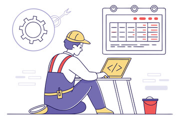 Poster - Technician working on a laptop while analyzing data at a construction site during the day with gear and blueprints nearby