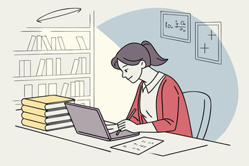 Poster - Focused student studying in a cozy library nook while taking notes and typing on a laptop surrounded by stacks of books