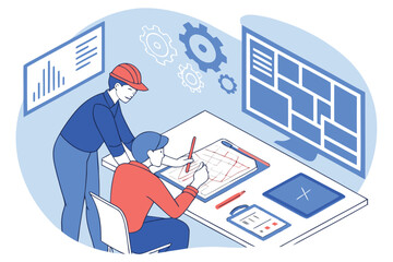 Poster - Engineers collaborating on design plans while reviewing data and schematics in a modern office setting during the day