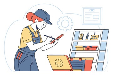 Aufkleber - Technician working in workshop, managing tools and inventory while using a tablet to track equipment status and tasks