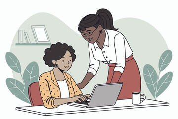 Poster - Mentorship session taking place in a bright, modern workspace with two women engaged in a constructive learning experience