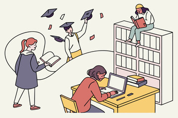 Poster - Students engaging in various academic activities in a library setting during a study session with books and graduation caps