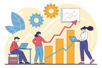 Poster - Team collaboration in a modern office setting focused on data analysis and growth strategies during a productive work session