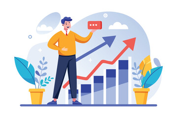Poster - Man presenting a summary of business growth alongside rising graphs and vibrant plants in an upbeat office environment
