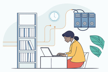 Poster - Person engaged in work using a laptop in a modern office setting surrounded by bookshelves and server connections during the daytime