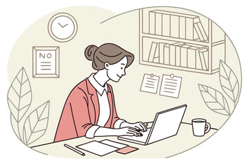 Poster - Woman working at a desk in a minimalist office setting with a laptop, coffee cup, and organized shelves during daytime hours