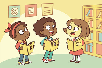 Poster - Children engaged in reading activities at a library while sharing books and enjoying each other's company