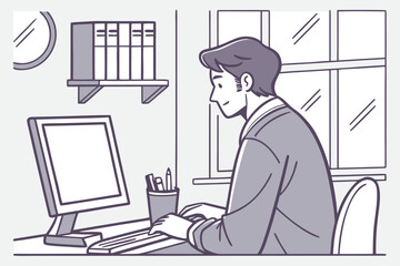 Poster - Person working at a desk in a cozy study room with a computer and shelves filled with books during daylight hours