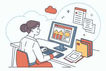 Poster - Person working on a computer at a desk, managing digital projects and analyzing data with visuals displayed on the screen in a modern office setting